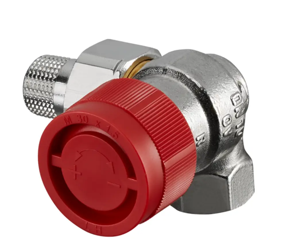 Thermostatventil mit rotem Drehknopf und metallischem Gehäuse, hergestellt von Oventrop, zur Regelung von Warmwasser- oder Heizungsleitungen.